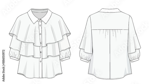 Women's ruffled blouse technical flat drawing with balloon sleeves