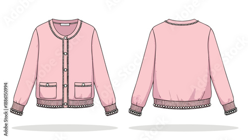Elegant light pink women's cardigan technical flat sketch, showcasing front and back views. Features a round neck, button closure, and decorative