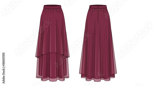 Elegant flowing layered maxi skirt design illustration showcasing front and back views in rich burgundy for sophisticated apparel creation.