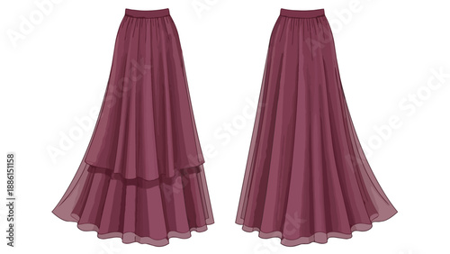 Elegant maroon layered and straight maxi skirt fashion flat sketch for apparel design illustration