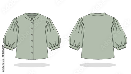 Modern sage green women's blouse flat sketch with elegant puff sleeves and a band collar design