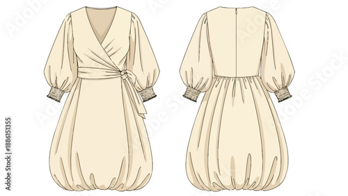 Technical flat sketch of a contemporary feminine wrap dress with voluminous balloon sleeves and a distinctive bubble hem silhouette