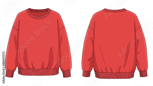 Full technical flat sketch of a vibrant red oversized crew neck sweatshirt, showing both front and back views for fashion design and apparel