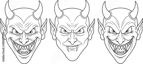 Devil demon faces outline illustration evil horned monster expressions scary halloween line art vector set isolated background