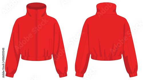 Modern apparel technical drawing for a vivid red cropped high-neck jacket presenting both front and back views aiding design development and