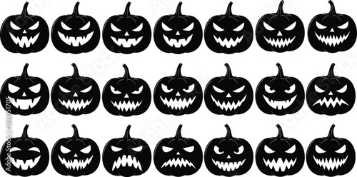 Halloween pumpkin jack o lantern faces silhouette set spooky scary carved expressions black vector icons collection isolated design
