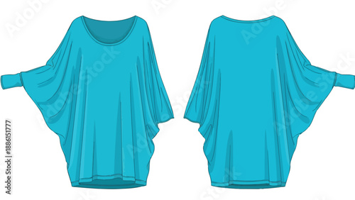 Vibrant aquamarine fashion illustration of a comfortable women's relaxed fit tunic with flowing dolman sleeves, showcasing front and back views for