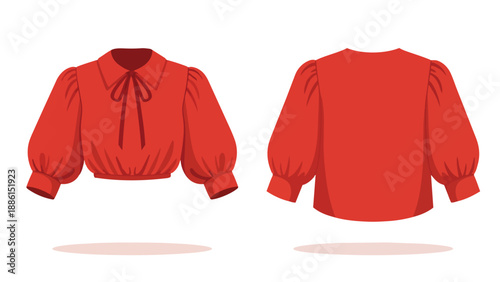 Red women's puff sleeve blouse vector illustration showing front and back views with pussy-bow collar a stylish garment for modern fashion design