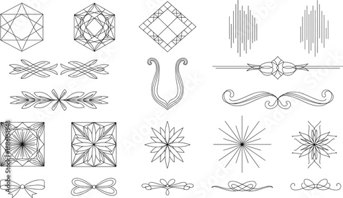 Vector illustration set featuring minimalist line art geometric elements starbursts and decorative filigree dividers for elegant branding designs