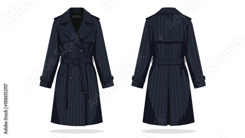 A sophisticated pinstriped trench coat vector illustration showcasing both front and back perspectives. This elegant dark blue outerwear is perfect