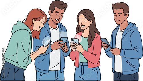 Group of young adults standing together using their mobile phones in a casual outdoor setting