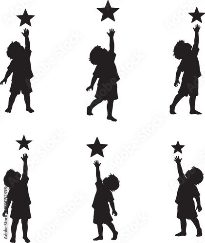 Silhouette of children reaching for stars in various poses