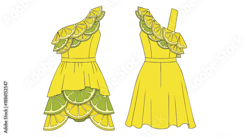 Vibrant citrus-inspired fashion design illustration showcasing a playful asymmetric dress adorned with lemon and lime slice patterns perfect for a