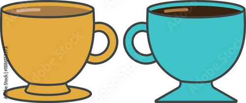 Vector illustration set featuring mustard yellow and teal blue footed coffee cups filled with dark roasted black coffee