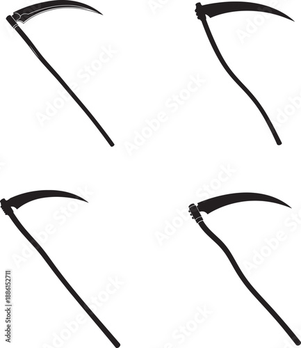 Silhouette of four scythes on a white background