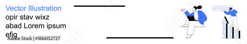 Business development, data analysis, strategy planning, teamwork, growth analytics, productivity. Two professionals using laptops, graphs and charts. Business development and data analysis