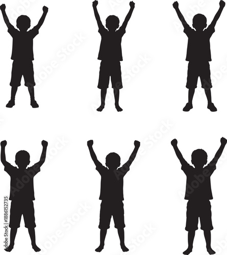 Six black silhouette figures with arms raised in celebration