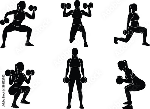Set of Six Fitness Woman Silhouettes Performing Dumbbell Exercises Including Squats and Lunges Isolated on White Background for Gym Workout Graphic Design