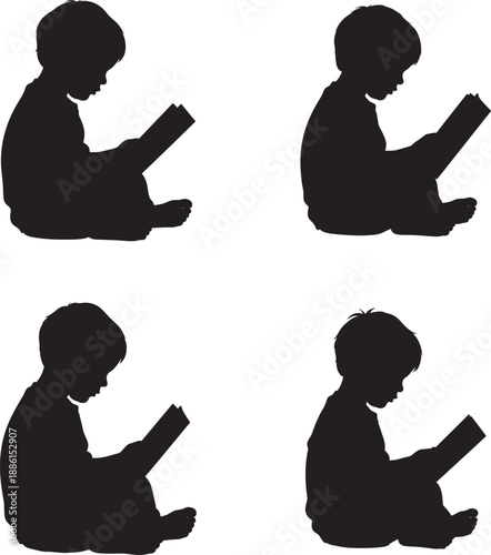 Silhouette of four children reading books in different positions