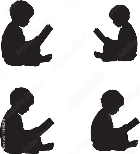 Four silhouette children reading books in different positions