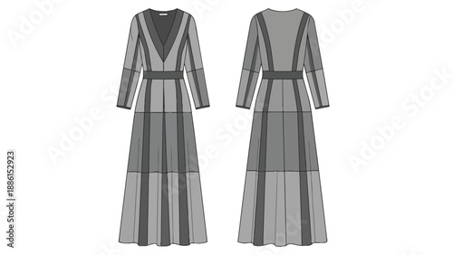 Detailed technical flat sketch of an elegant V-neck long-sleeved maxi dress featuring a chic tiered skirt design with intricate vertical paneling