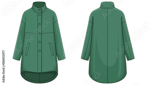 Modern green coat flat drawing. High collar, button-front, curved hem. Front and back views. Ideal for pattern making and apparel design reference,