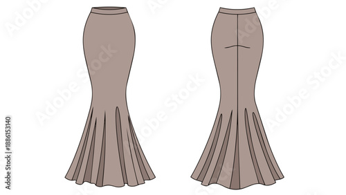 A detailed technical flat fashion illustration showcasing a graceful mermaid silhouette skirt, ideal for apparel design and pattern creation processes