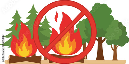 Forest Fire Prevention Illustration Showing Prohibited Flames in a Wooded Area from a Front View