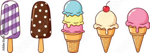 Vector illustration set featuring patterned popsicles and ice cream cones with a cherry topping and colorful melting scoops