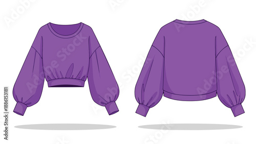 Trendy purple cropped sweatshirt with balloon sleeves front and back views for women's fashion design