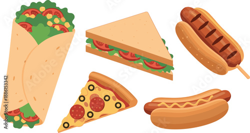 Vector illustration set featuring pizza slices hot dogs veggie wraps and sandwiches for casual fast food menu designs