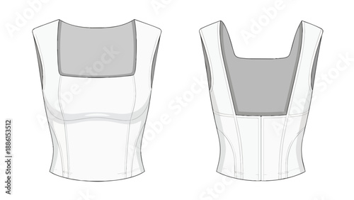 Technical drawing of a contemporary square-neck sleeveless top bodice flat sketch design detail illustration