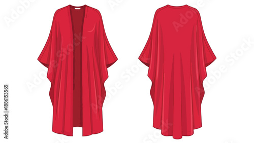 Fashion illustration of a vibrant red flowing long kimono-style cardigan showcasing front and back views elegant casual outerwear design garment