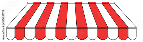 Hand drawn line art illustration of a shop awning depicting a classic red and white striped design for a retail business