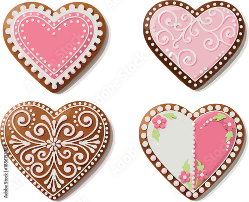 Vector illustration set featuring premium heart shaped gingerbread cookies with intricate royal icing swirls and floral decorative patterns