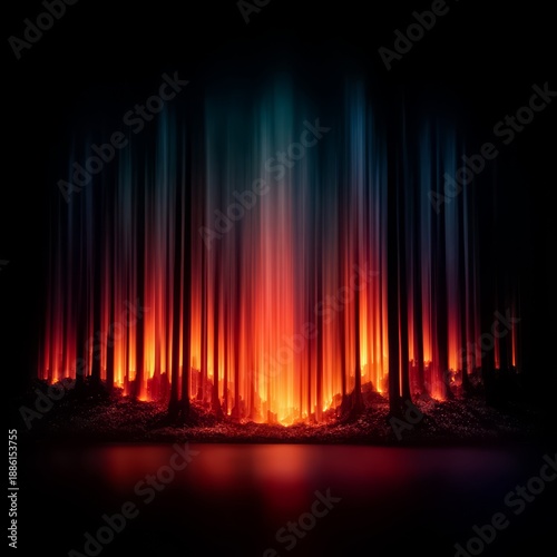 Dark forest with a fire in the background. The fire is orange and the trees are dark