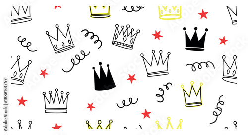 Hand drawn doodle elements set featuring various crowns, red stars, and squiggles for party designs and celebrations