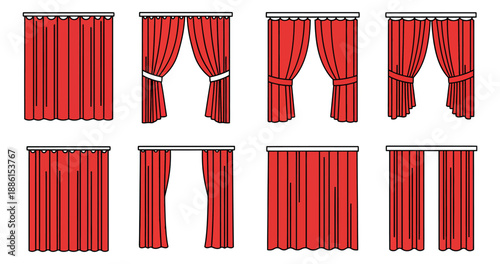 Line art curtain set featuring red drapes in various positions for theatre stage decoration