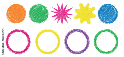 Hand drawn crayon textured design elements set featuring various colorful geometric shapes and rings for creative projects and graphic design