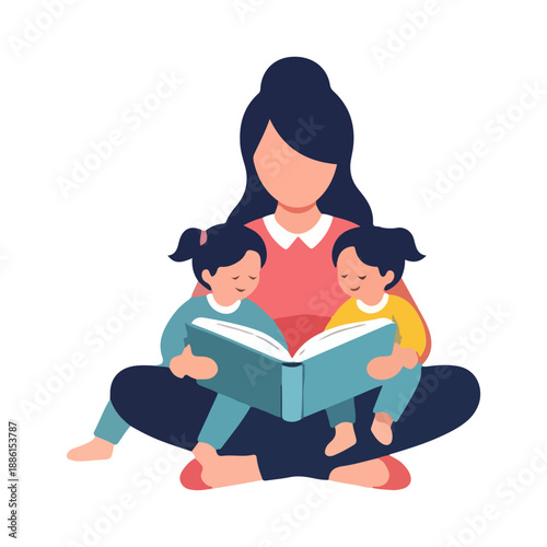 Parent Reading Storybook to Children Flat Vector Design