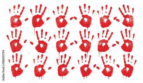 Grungy bloody handprint set featuring textured prints and dripping liquid for horror and crime concepts