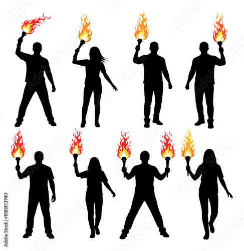 Silhouette illustration people figures set featuring individuals holding flaming torches for various symbolic events