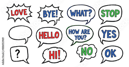 Hand drawn speech bubble set featuring communication words and an empty message box for conversational design
