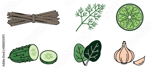 Hand drawn line art cooking ingredients set featuring noodles, dill, lime, cucumber, spinach, and garlic for healthy recipe design