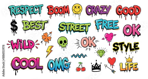 Graffiti style lettering and doodle element set featuring dripping words and urban symbols for youthful designs