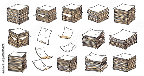 Hand drawn line art paper documents set featuring various stacks and flying sheets for office and business