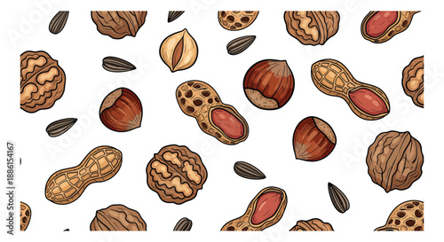 Hand drawn colored line art nut and seed set featuring peanuts, walnuts, hazelnuts, and sunflower seeds for healthy food and snack designs