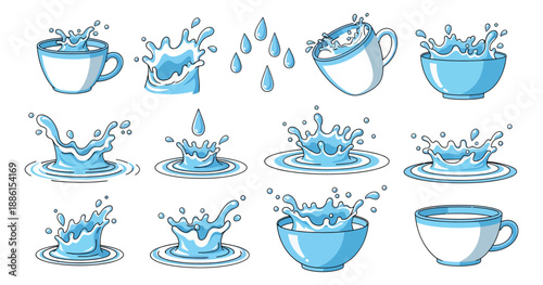 Cartoon line art water splash and drop set featuring dynamic liquid motion, ripples, and beverage containers for clean water and refreshment concepts