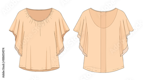 Detailed technical flat fashion illustration of a women's elegant draped blouse with soft gathers and flutter sleeves for apparel design projects