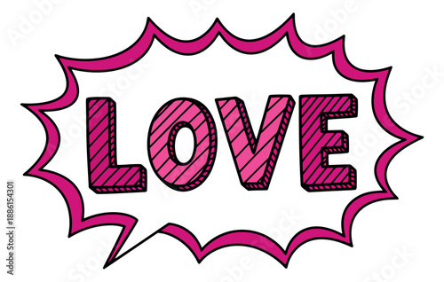 Hand drawn comic illustration of the word LOVE depicting affection for romantic designs